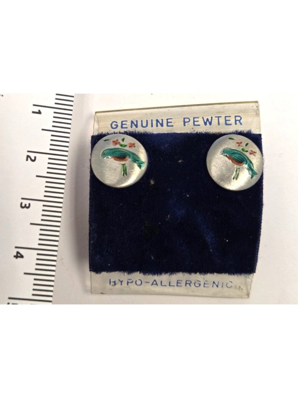 Genuine Pewter Hypoallergenic Earrings With Hand-Painted Bird Design Round